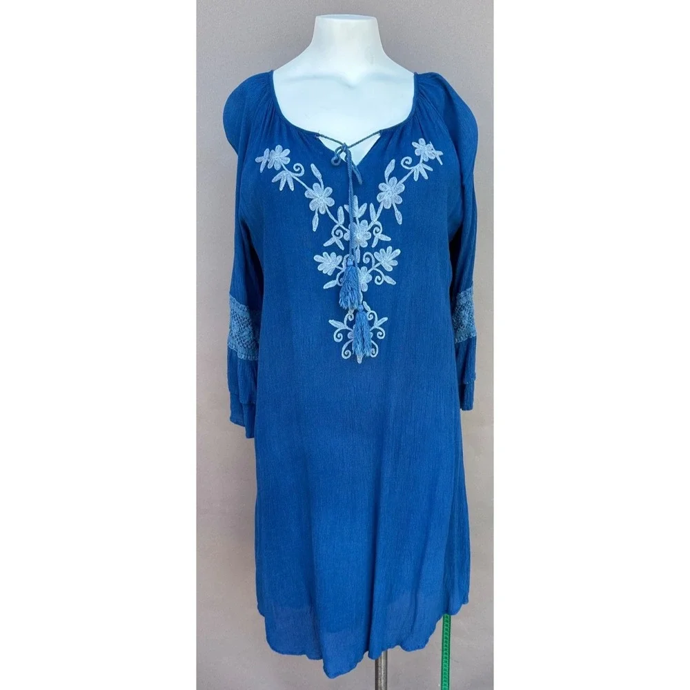 Studio West Womens L Blue Bell Sleeve Embroidered Floral Shift Dress Boho Coasta